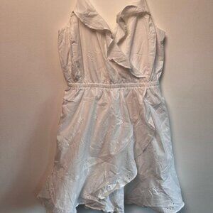 express white eyelet dress with a ruffled neckline and hem